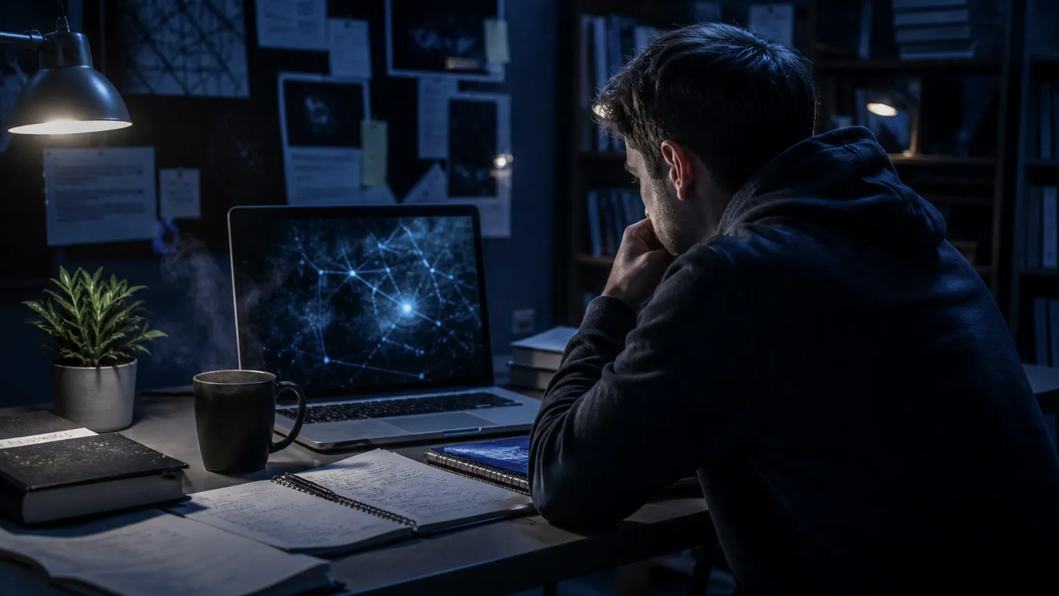 A researcher examines dark web search engines in a dim study.