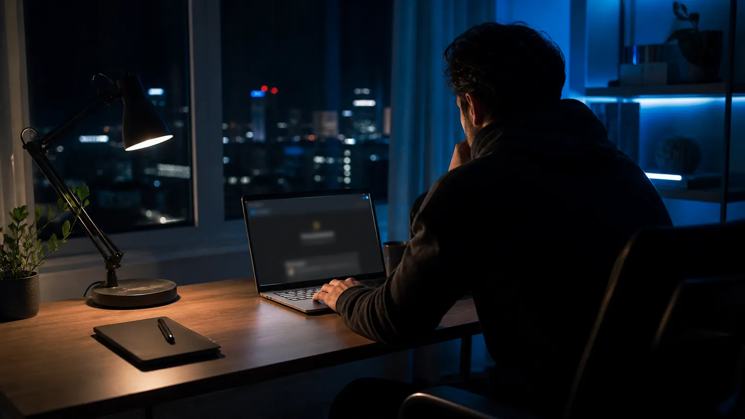A user focuses on the Ahmia search engine on their laptop in a low-lit room.