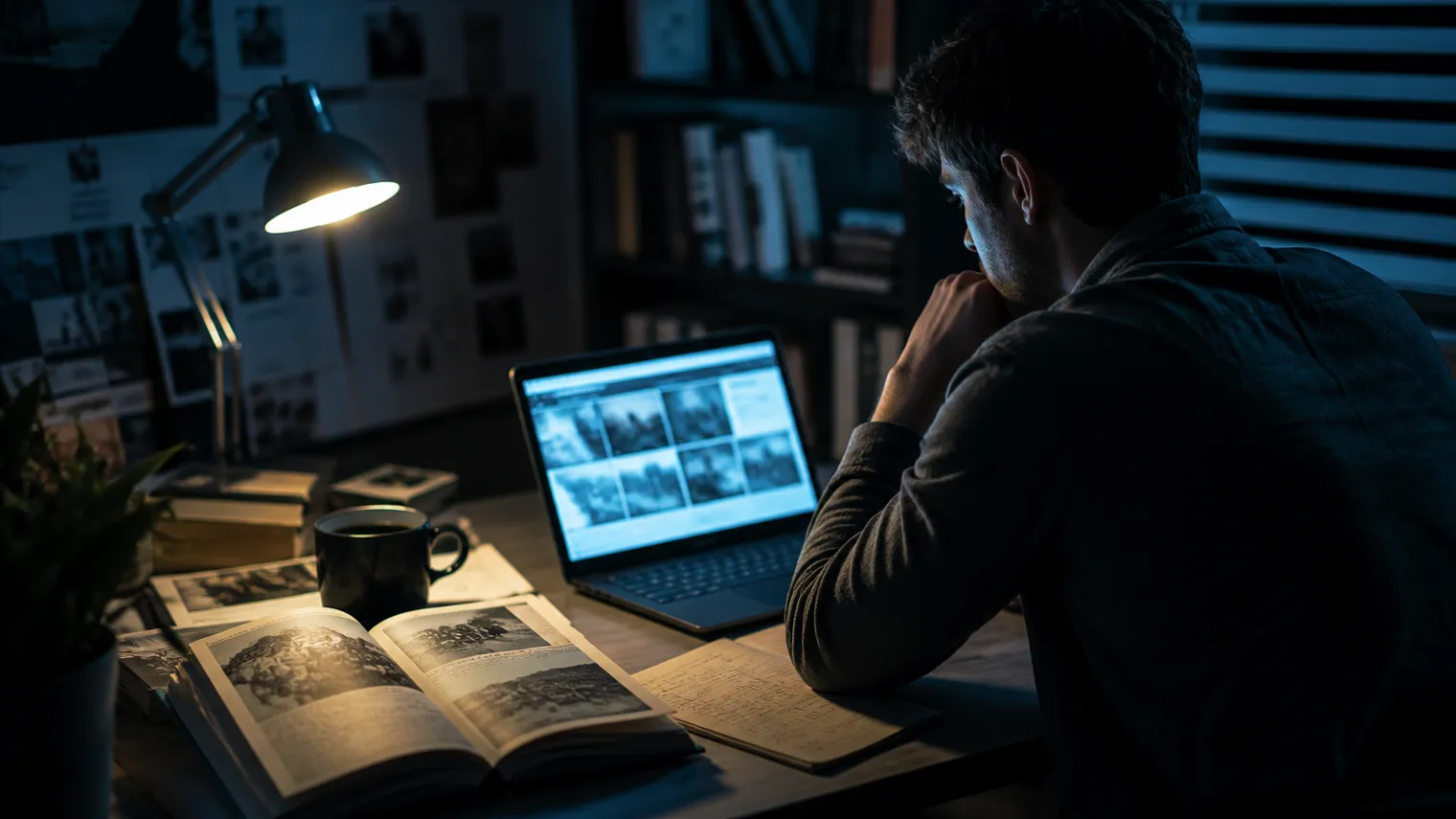 A researcher engages in deep web photo analysis at a dimly lit desk.