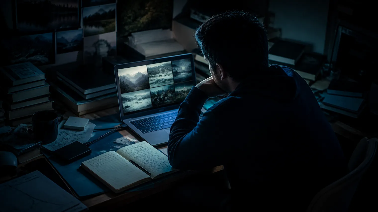 A researcher analyzing visual content on a laptop in a dimly lit room.