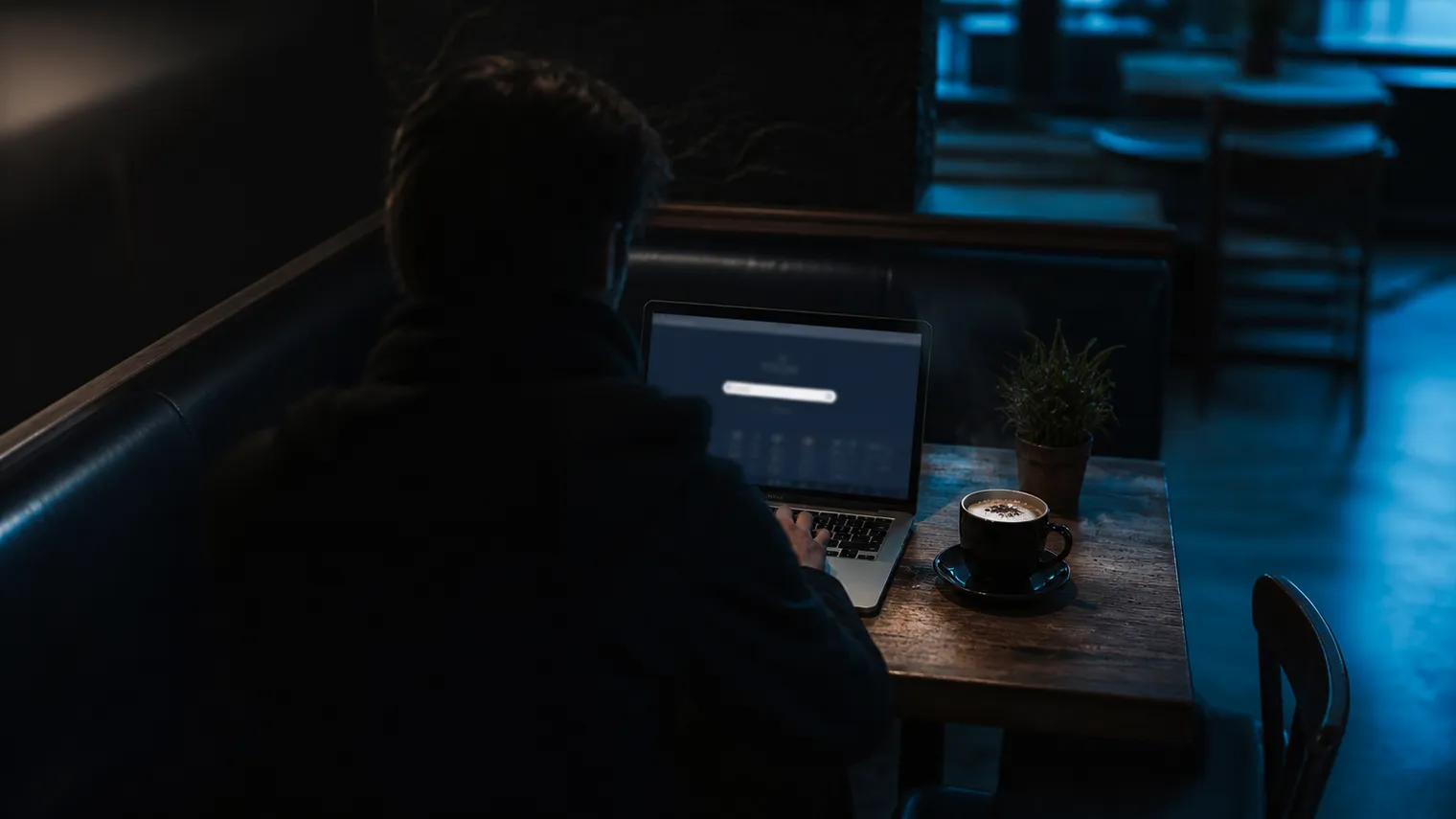 A user accessing DuckDuckGo on Tor in a quiet coffee shop corner.