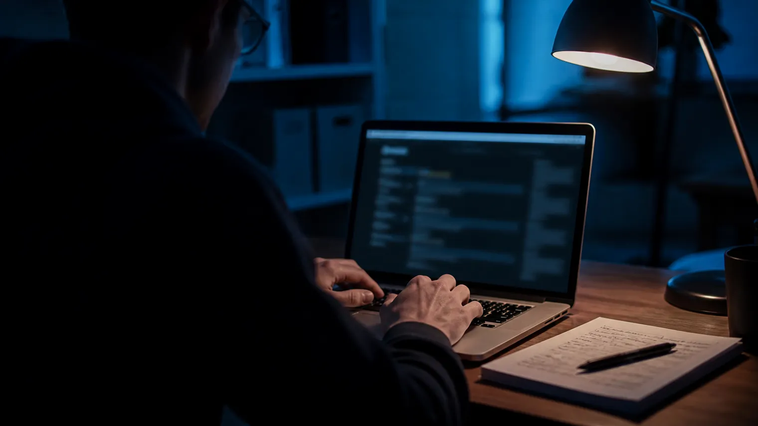 A focused user is navigating the Excavator dark web search engine on a laptop in a dimly lit room.