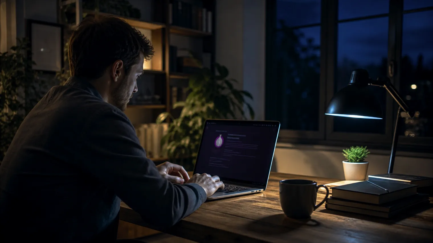 A user focused on safely browsing the dark web in a cozy home office.