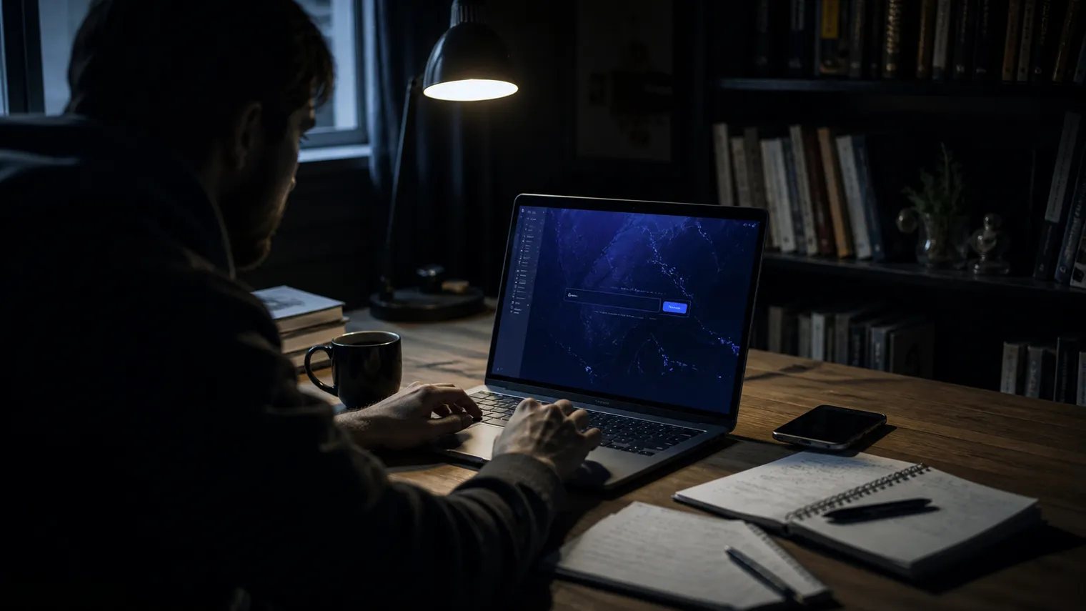 A researcher using a laptop to explore a deep web search engine in a cozy study.