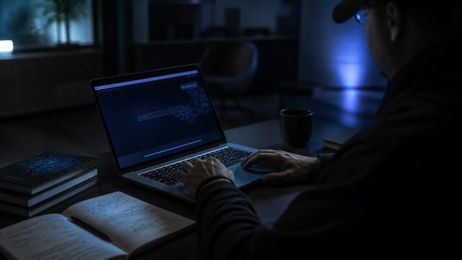 A user exploring the Not Evil dark web search engine in a modern office setting.