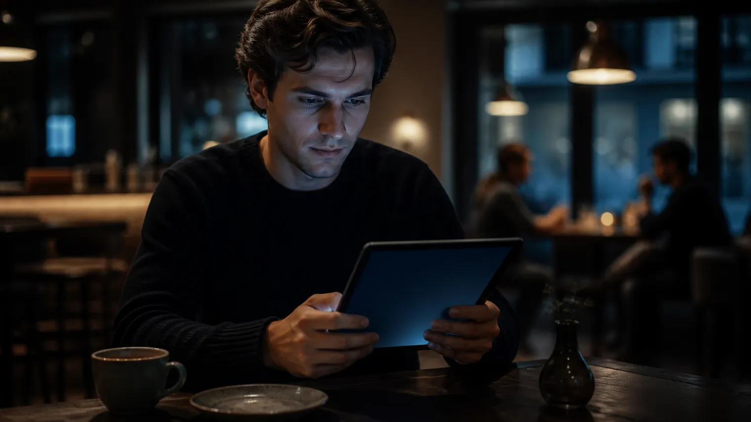 A user is engaged with the Not Evil search engine on a tablet in a cafe.