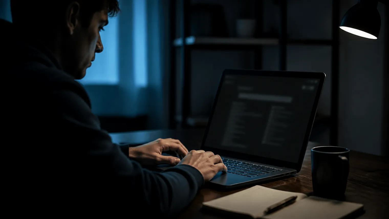 A user engages with the Onionland search engine on a laptop in a cozy workspace.