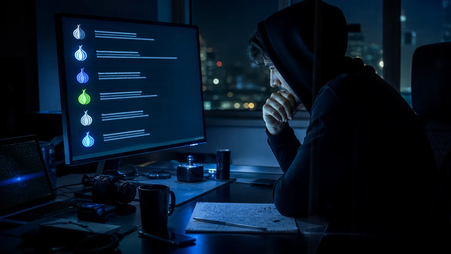 A researcher analyzing a computer screen with onion search engines in a dimly lit room.