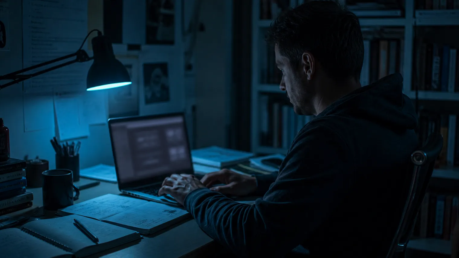 A researcher focused on a laptop in a dimly lit modern office.