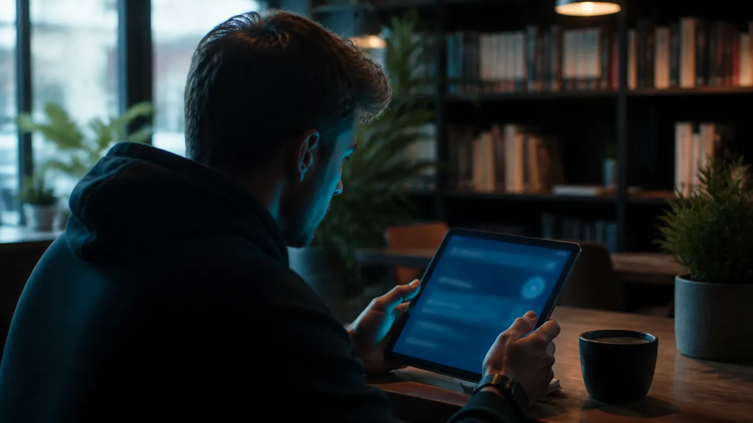 A researcher focused on a tablet displaying a Tor search engine in a café setting.