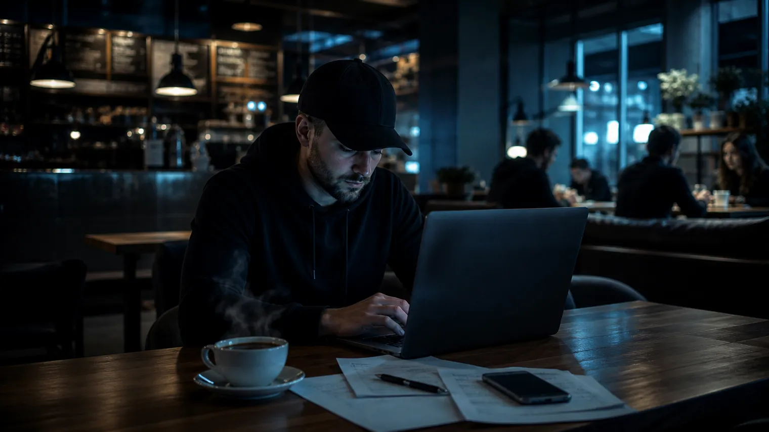 A researcher actively using a laptop to explore the Torch dark web search engine in a café.
